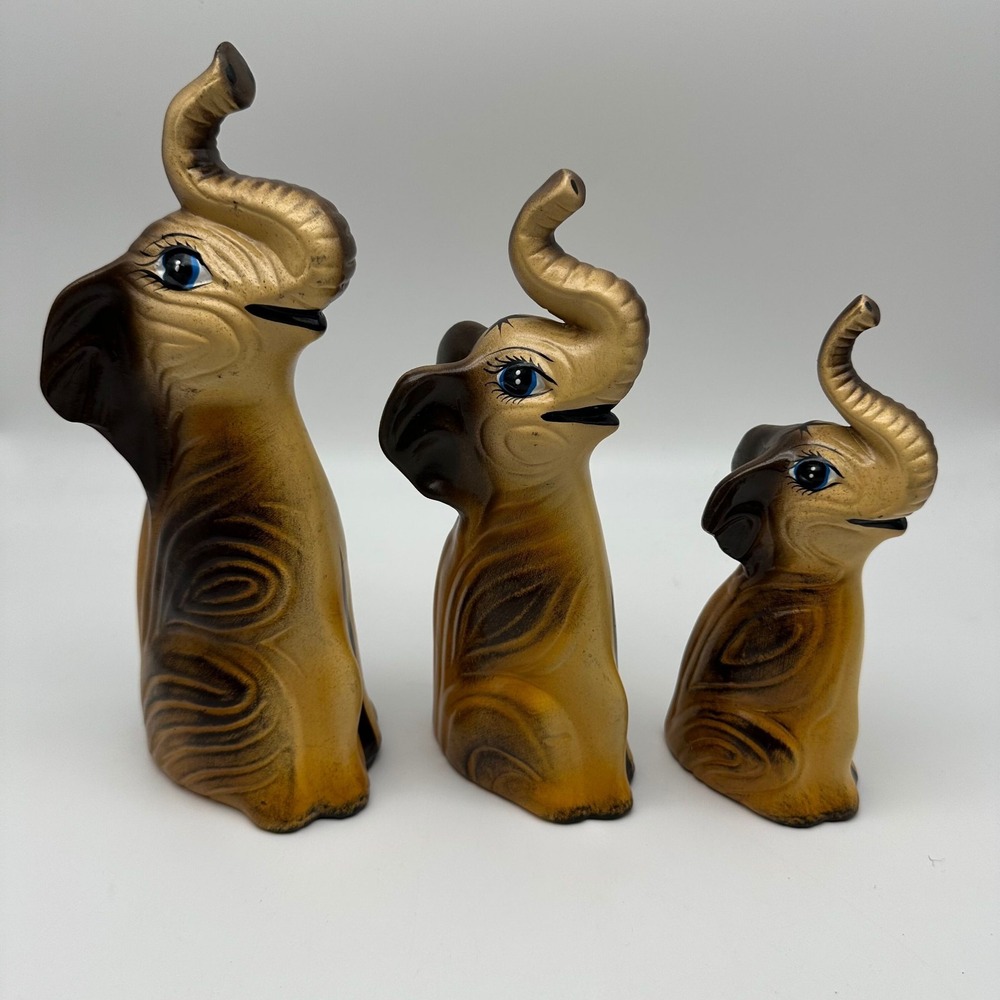 Set Of 3 MCM Vintage‎ Graduated Size Ceramic Elephants Hand Painted